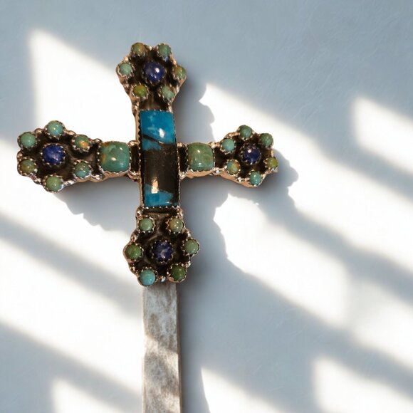 Large cross ring- adjustable with Lapis and turquoise - Picture 1 of 4